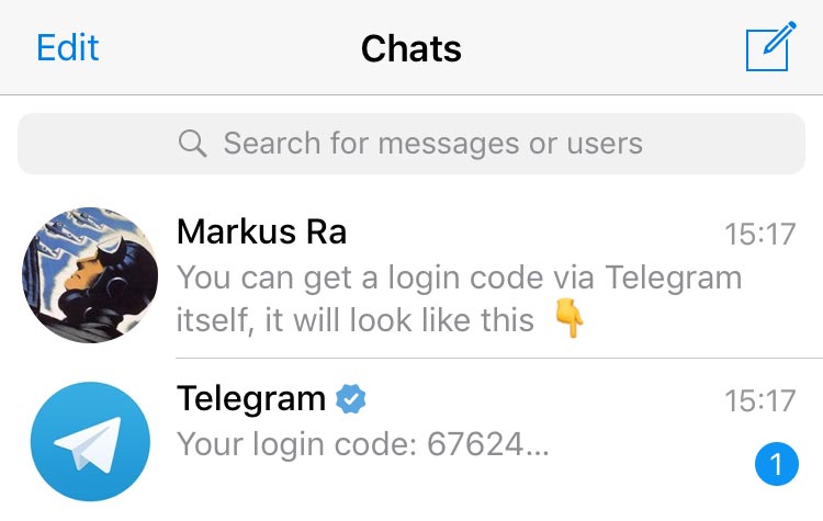 Telegram 纸飞机登录验证码消息界面示意